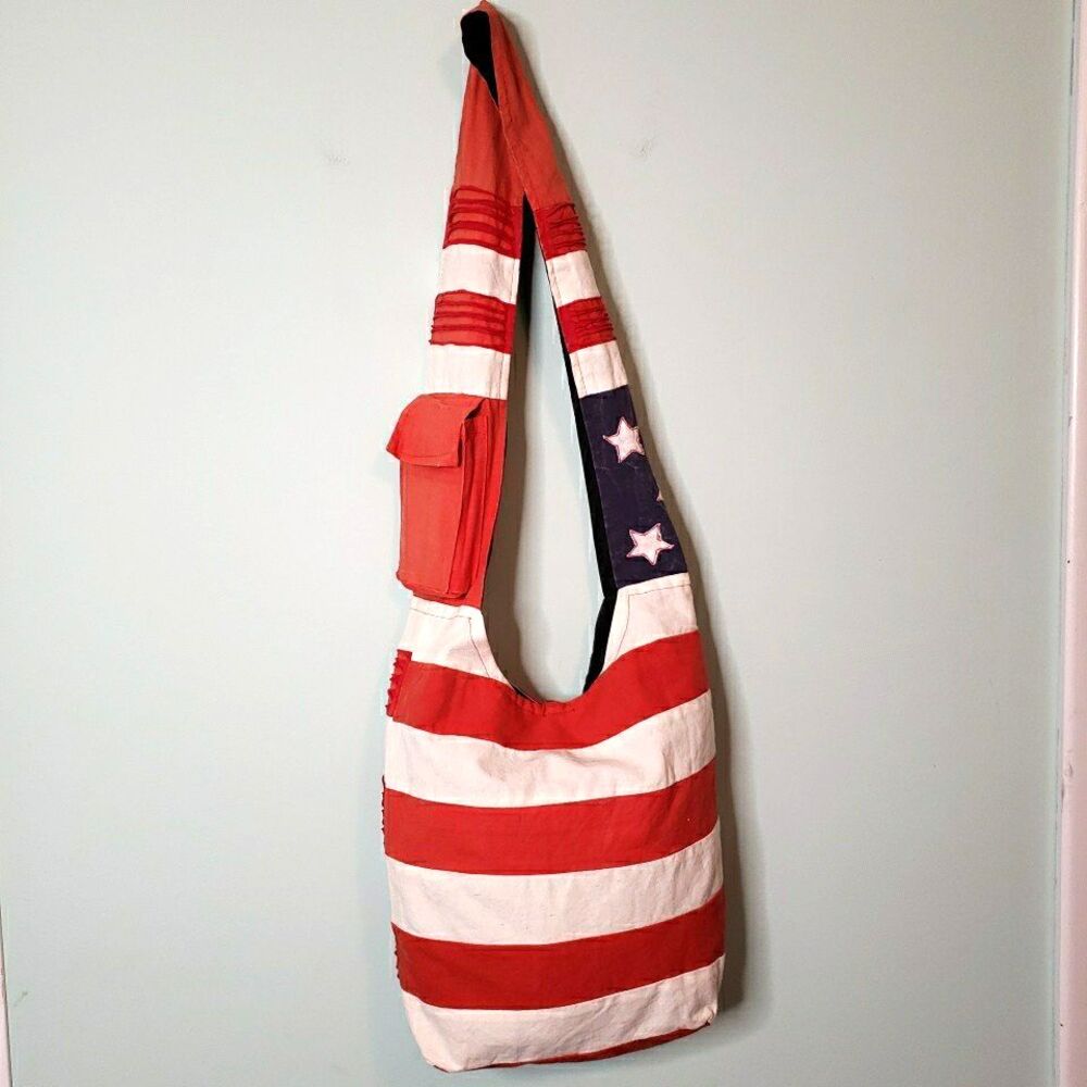 Crossbody Hobo Bag American Flag Patriotic Shredded Distressed Cotton Zip Purse - Picture 3 of 16